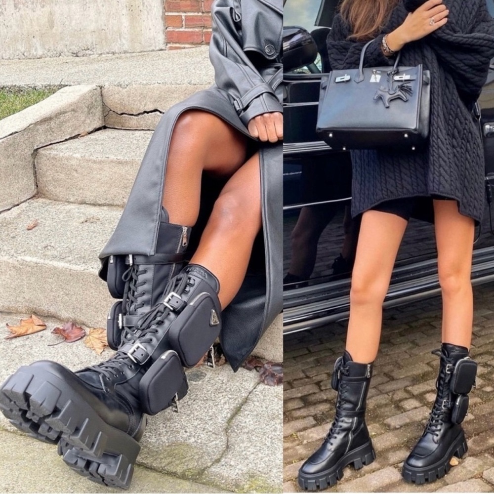 Prada Monolith Black Leather Combat Boots With Removable Pouches Tall Boot Sz 37 - Picture 1 of 12
